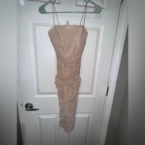 RUNCHED BODYCON Beige Glitter Sparkling Dress XS